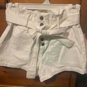 Honey Punch white drawstring / tie-waist / button fly denim shorts